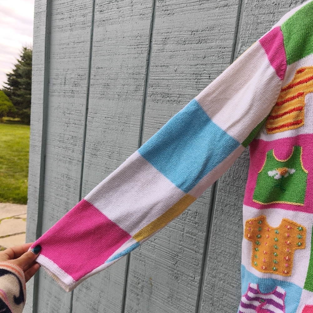Vintage Northern Isles Checkerboard Beach Print Cardigan sz L Ivory Pink Multi - Picture 2 of 11
